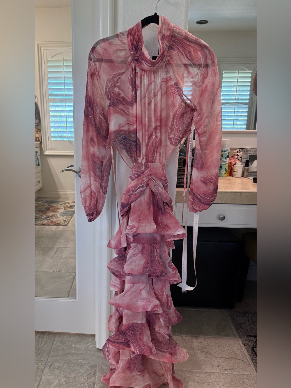 Elliatt Pink Marble Ruffle-Tier Maxi Dress